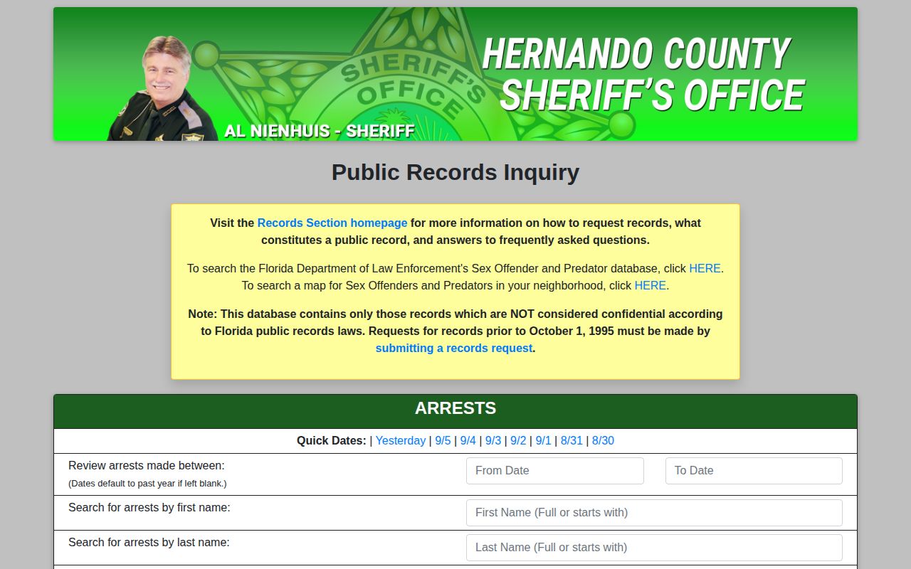 HCSO Public Records Inquiry showing the arrest search scope