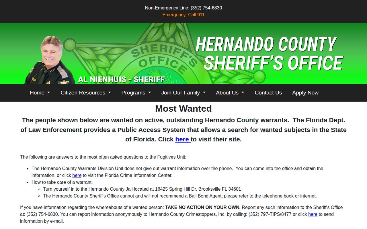Hernando County arrest warrant and most wanted information page