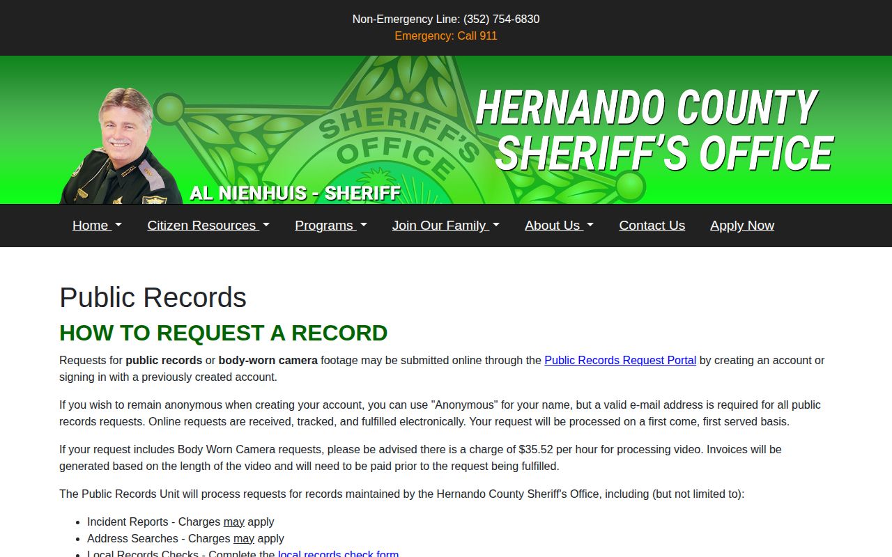 Hernando County arrest record request page