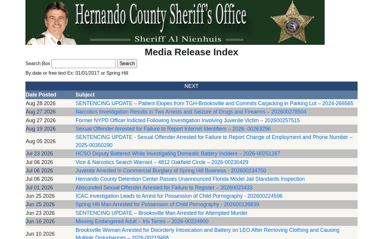 Hernando County Sheriff press release index