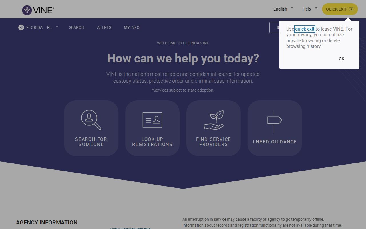 Florida VINELink state entry screen for custody searches