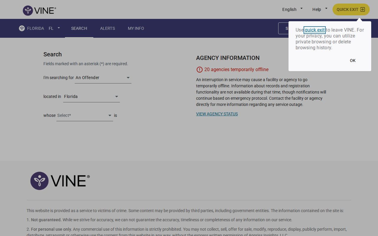 VINELink Florida person search form for custody status checks