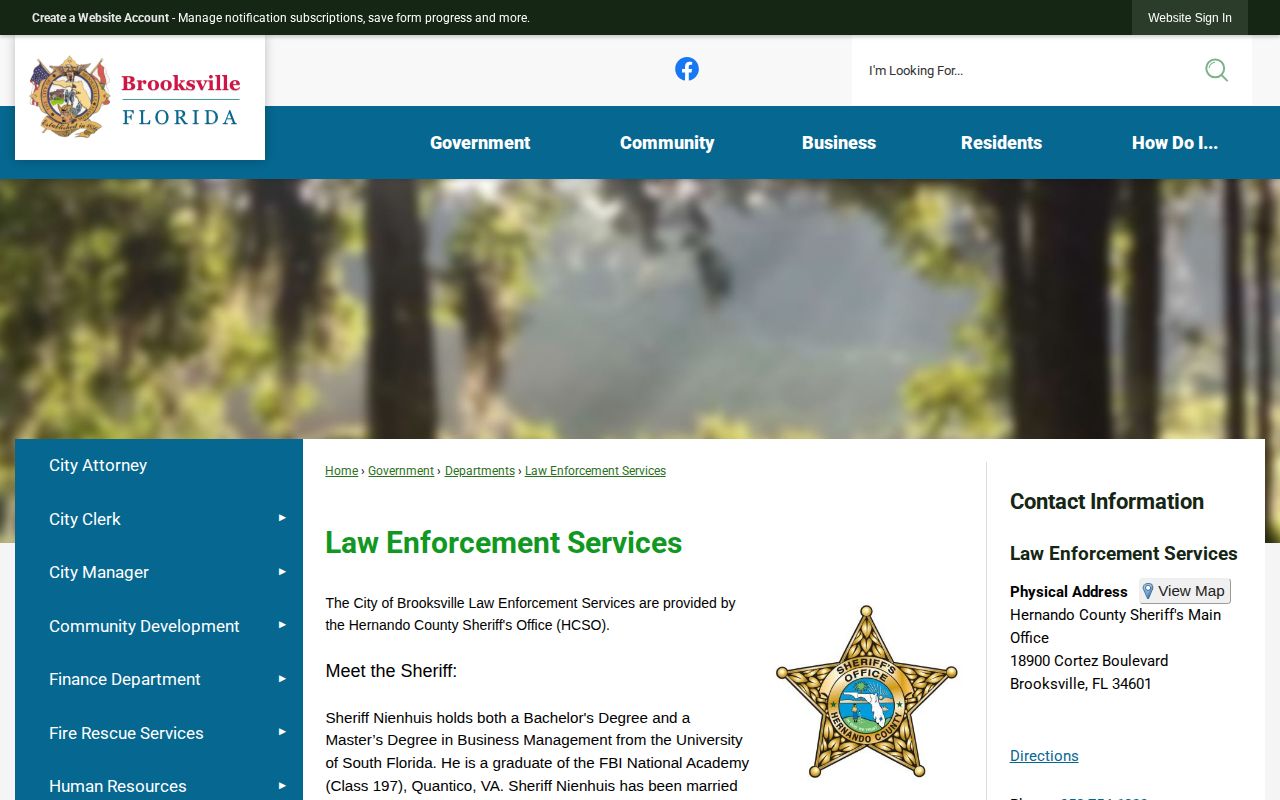 City of Brooksville page identifying Hernando County Sheriff law-enforcement services